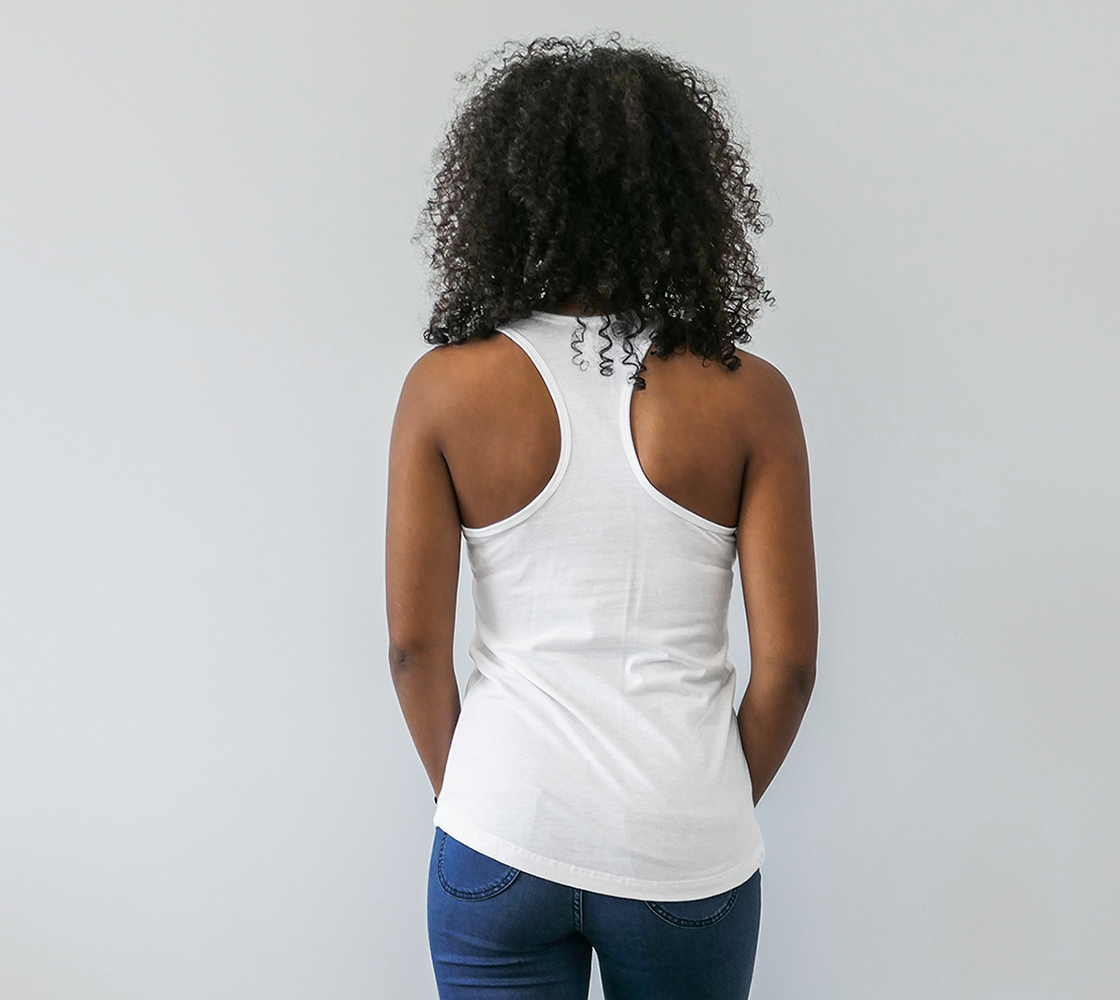 black woman wearing a white tank top with the image of a young woman jumping in the air with the words Got NO Time For You- both the woman and words are black back view