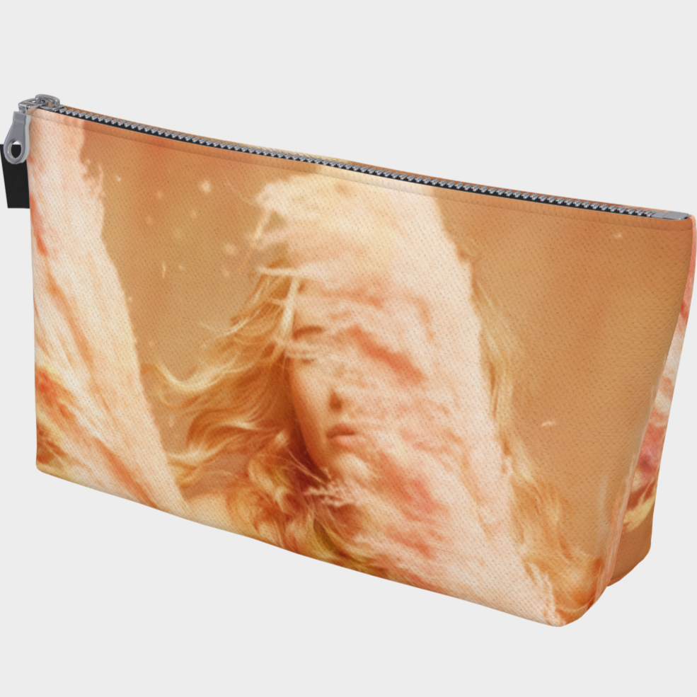 Canvas make up bag of a Fine art print of a young blonde girl holding pink fluffy plumes