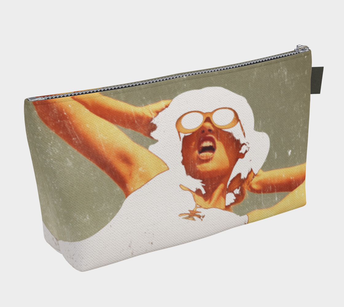 canvas make up bag with the image of a fashion model artistically rendered 
