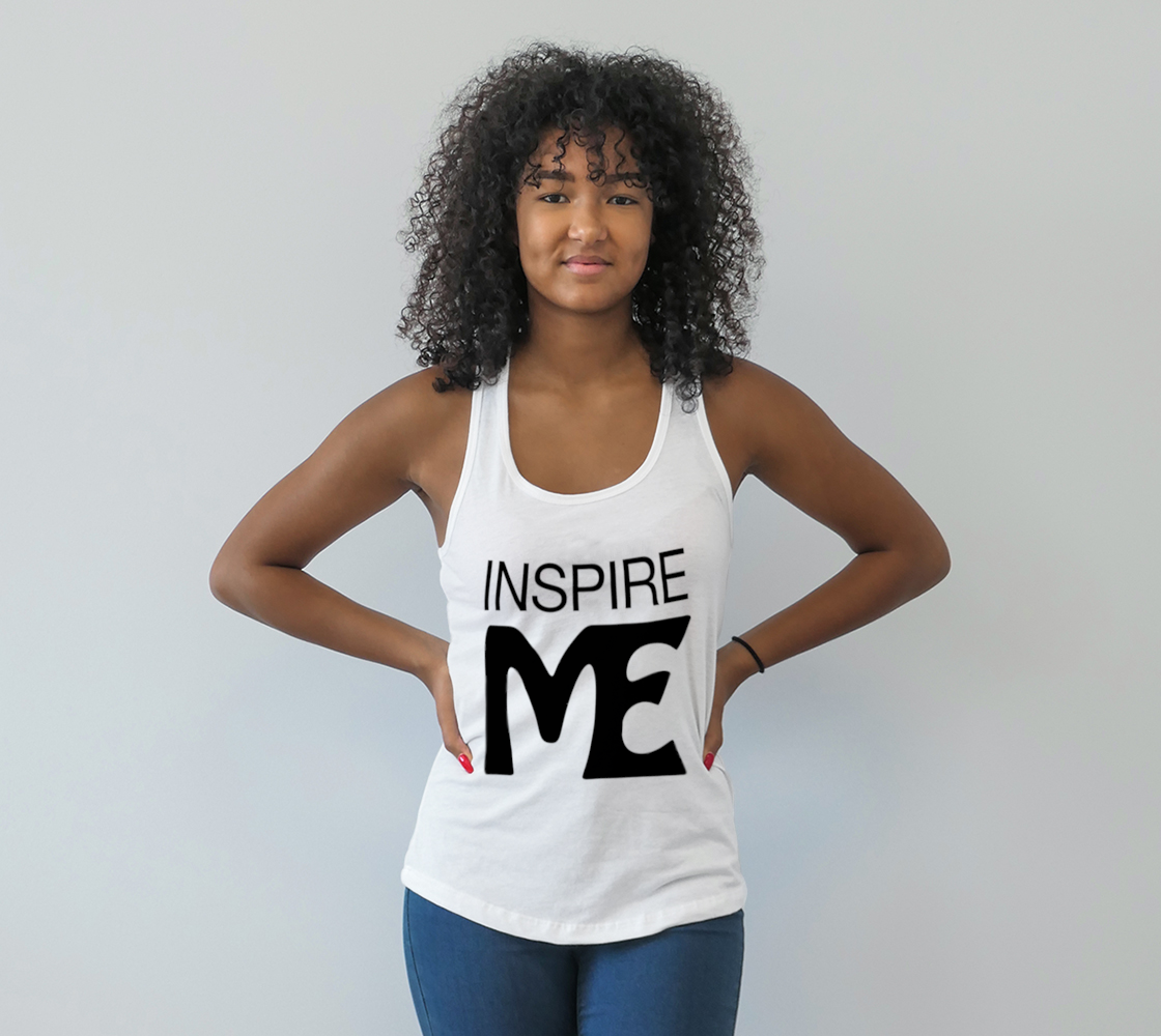 girl wearing white tank top that says "Inspire Me"