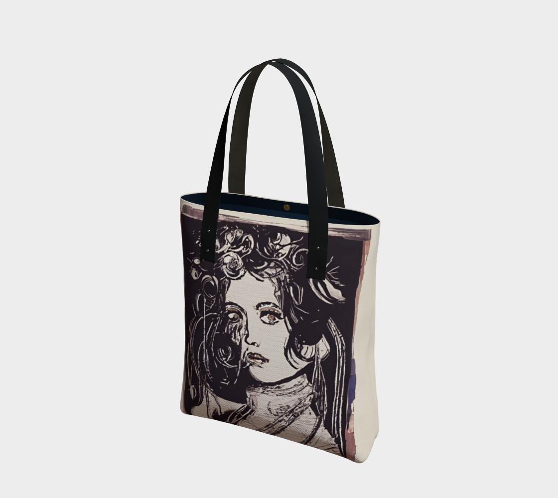 Tote Bag with a very textured painted image of a woman with flowers in her hair that looks like a black and white engraving
